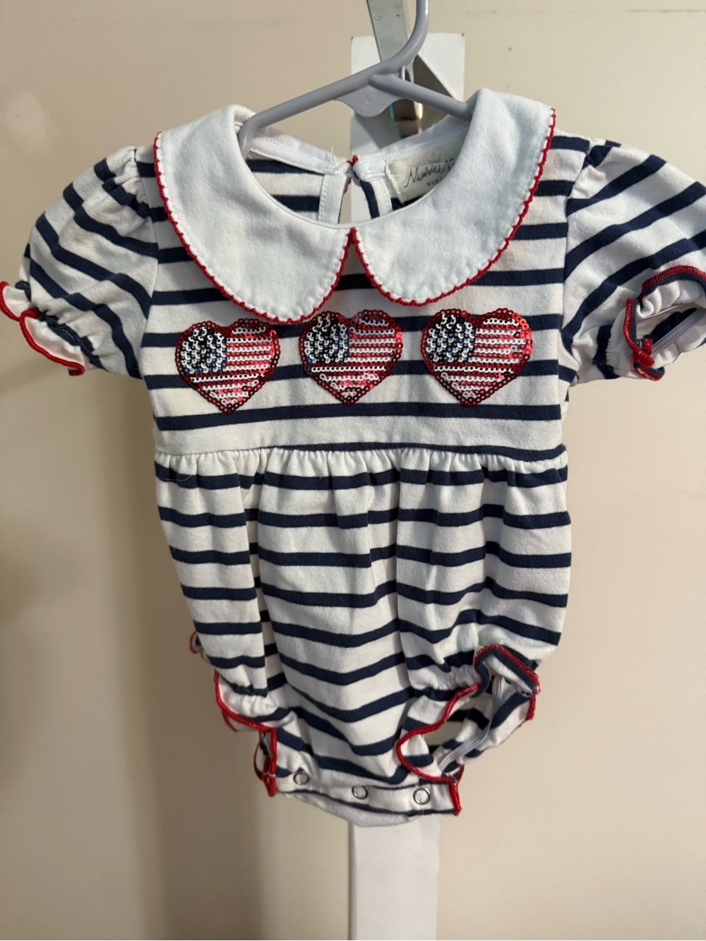Marie Nicole Navy Stripes Patriotic Hearts Romper